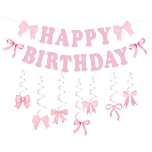Gleemix Happy Birthday Girlande Rosa mit Schleifen Deko Geburtstag, Happy Birthday Banner Dekoration für Frauen, Mädchen, Party Supplies, Kinder Feier, Girlande Geburtstag mit 17 Schleifen & 7 Wirbel