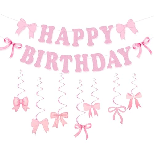 Gleemix Happy Birthday Girlande Rosa mit Schleifen Deko Geburtstag, Happy Birthday Banner Dekoration für Frauen, Mädchen, Party Supplies, Kinder Feier, Girlande Geburtstag mit 17 Schleifen & 7 Wirbel