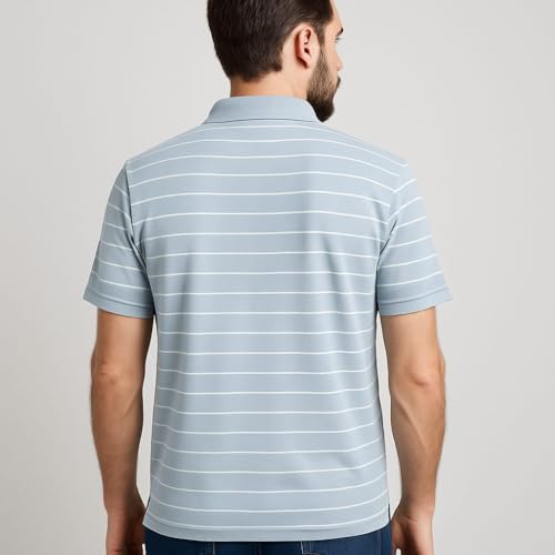 Image of WILD ELEPHANT Men Striped Polo T-Shirt | Cotton Short Sleeve Polo Neck with Button | Chest Pocket Casual Wear