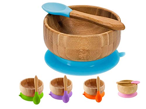 MUUZONING Piatto per Bambini e Neonati Ciotola per la Pappa Stay Put con Base a Ventosa in bambù Naturale con Ventosa per tenerlo Fermo - Senza BPA – Blue