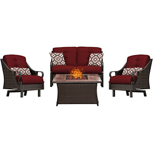 Hanover Venture 4-Piece Chat Set With Fire Pit Table | Luxury Outdoor Furniture | 2 Rocking Chairs, Deep Seating Sofa | Uv Protected Cushions | Rust, Weather Resistant | Red | Ven4Pcfp-Red-Wg #TOP19
