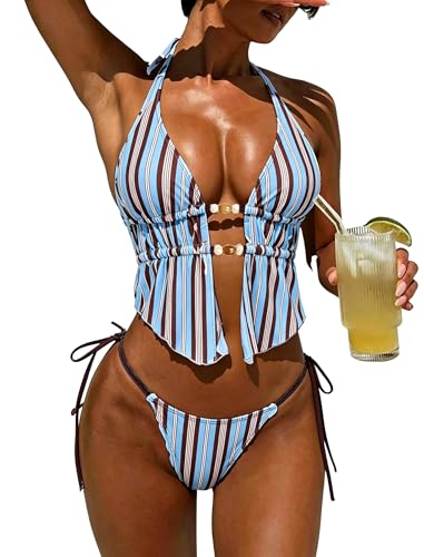 Image of ZAFUL Halter Swimsuits for Women Textured Backless 2 Piece Bathing Suits Cheeky High Cut String Tie Side Bikini Sets