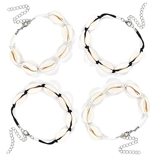 Preisvergleich Produktbild CAILI 4 pcs Muschelarmbänder - Verstellbares Armband im Hawaiianischen Stil, Gewebtes Strandarmband Aus Baumwolle, Kreatives Armband (2 Schwarze Seile, 2 Weiße Seile)
