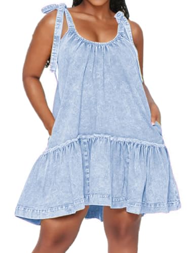 Image of Denim Dress for Women Tie Shoulder Sleeveless Denim Mini Dress Casual Flowy Babydoll Dress Wash Jean Dress