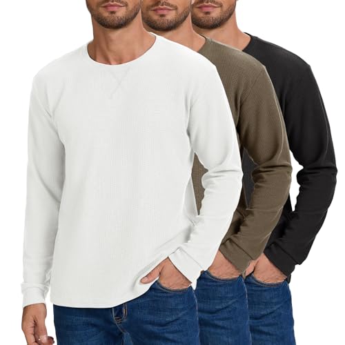 Image of 3 Pack Mens Waffle Shirts Long Sleeve Casual T-Shirt | Lightweight, Regular Fit, Waffle Knit, Crew Neck, Stylish Design, Pullover Top, Work, Daily