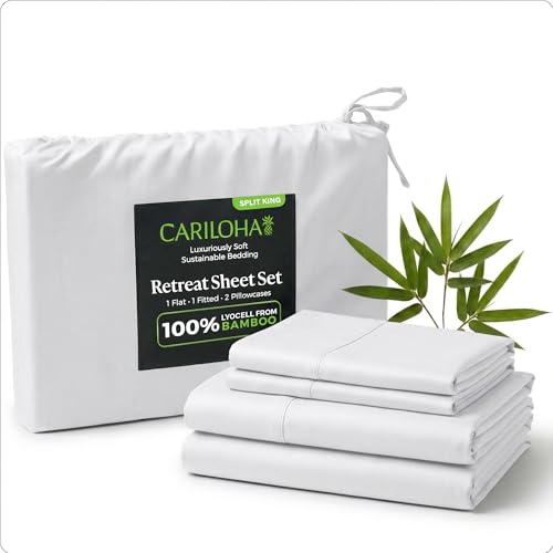 Cariloha Retreat 4-Piece Sateen Sheet Set | White | Split King | Lyocell Material | Breathable, Corner Straps, Extra Soft & Cooling