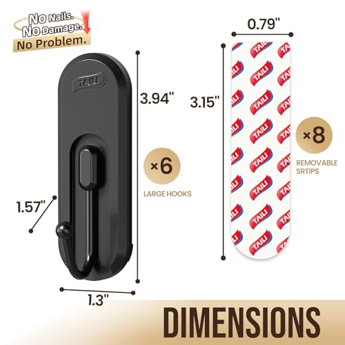 Image of TAILI Adhesive Large Hooks for Hanging, 6 Coat Hooks & 8 Strips, Black | Hold Up to 3.3 LBS, Heavy Duty No-Drill Removable Large Wall Hanger for Towel, Backpack, Hat, Door,Kitchen Home Decor,