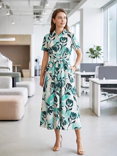 Image of Newshows Women's Work Business Casual Outfits Tie Waist Midi Shirt Dress | Lightweight & Breathable Easy-care Fabric, Side Pockets, Decent Professional Attire, Church Office Funeral Outfits