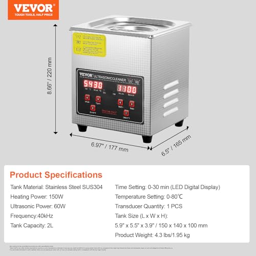 VEVOR Sonic Cleaner with Digital Timer & Heater, Professional Ultra Sonic Parts Cleaner, Stainless Steel Heated Cleaning Machine for Glasses Watch Rings Jewelry Circuit Board (2L)