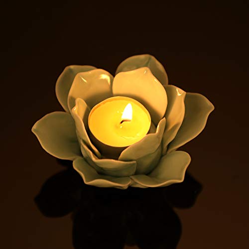 Ownmy 4.5 Inch Ceramic Lotus Flower Tea Light Holder Lotus Petals Candle Holder Candlestick, Votive Flower Tealight Candle Holder Candle Lamps Holder With Gift Box For Home Decor Wedding Party (Green) #TOP1