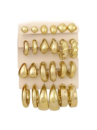 12 Pairs Chunky Gold Hoop Earrings for Women Trendy, Gold Plated Lightweight Hypoallergenic Stack, Thick Open Twisted Huggie Hoops Earring Pack