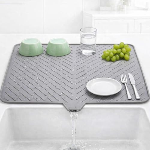 Image of Homeze Large Kitchen Silicone Drying Mat 58x43 cm - Built-in Drain Lip Organizer Tray for Utensils, Heat Resistant Trivet, Protects Countertops, Prevents Water Accumulation, Easy to Clean (Grey)