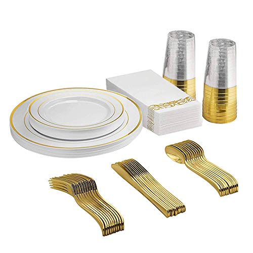 AIDEA 70 Pieces Gold Disposable Dinnerware Set-10 Guests Gold Rim Plastic Dinner Plates
