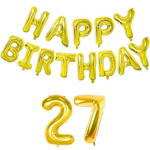 Image of Flyloons 27th Golden Colour Happy Birthday Foil Balloon Banner Set for 27 Year Boys Men Women|with Number Twenty-seven|13 Letters Reusable Happy Birthday Metallic Foil Balloons Decoration Kit, 15 Pcs