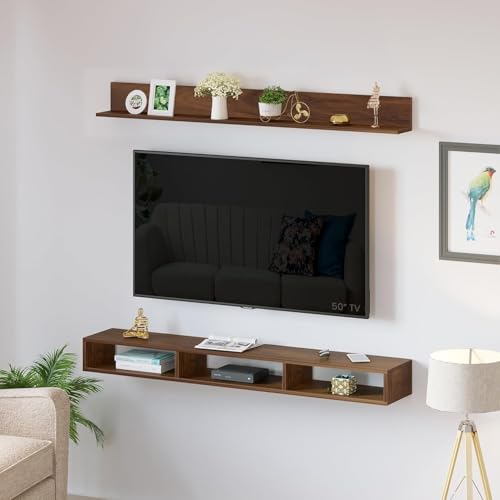 Image of Furniture Cafe Wood Wall Mount TV Entertainment Unit with Shelf for Show Pieces Books Living Room Bed Room