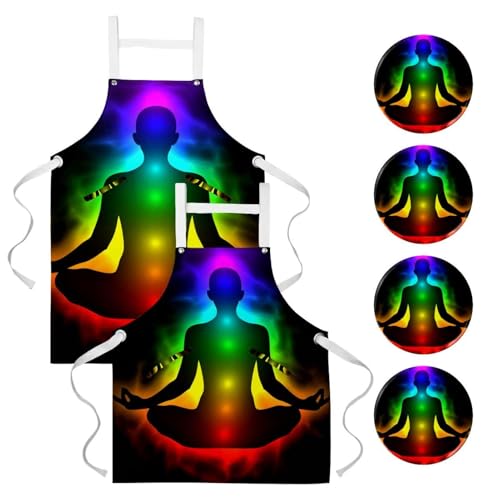 Tablier de serveuse pour cuisine et nettoyage motif sept chakras lot de 2 avec broches