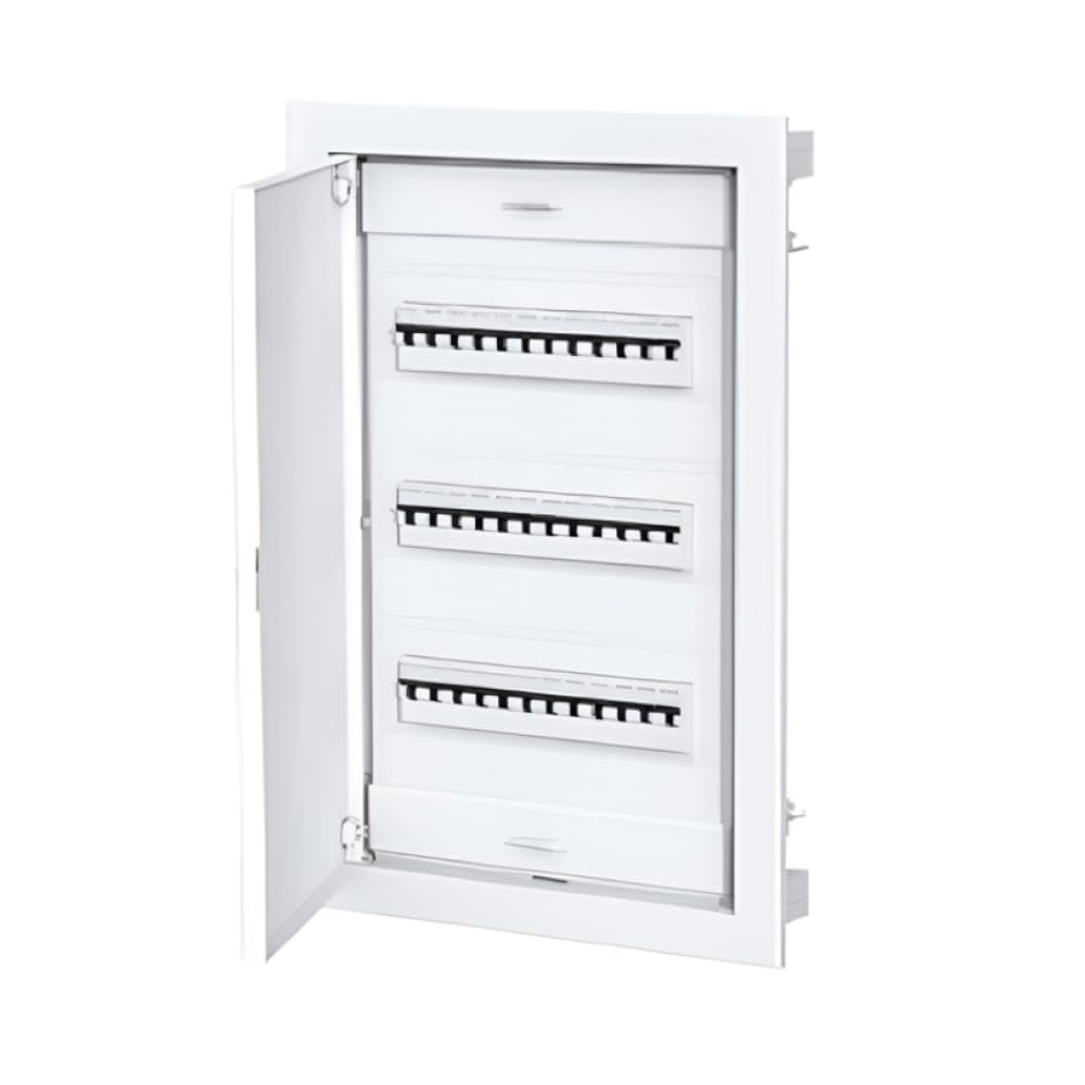 Made in Italy, weiße Steuereinheit 36 + 6 Module/Geräte, Unterputzmontage auf Gipskartonplatten, Tür aus Metall, Maße 368 x 568 x 93 mm, mit Klemmleisten und DIN-Schienen, Schaltkasten