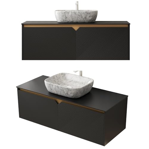 Image of Floating Bathroom Vanity with Sink, 48 inch Bathroom Storage Cabinet with Sintered Stone Countertop & Marble-Pattern Ceramic Basin, Modern Wall-Mounted Vanity with 2 Twill Pattern Doors, Black