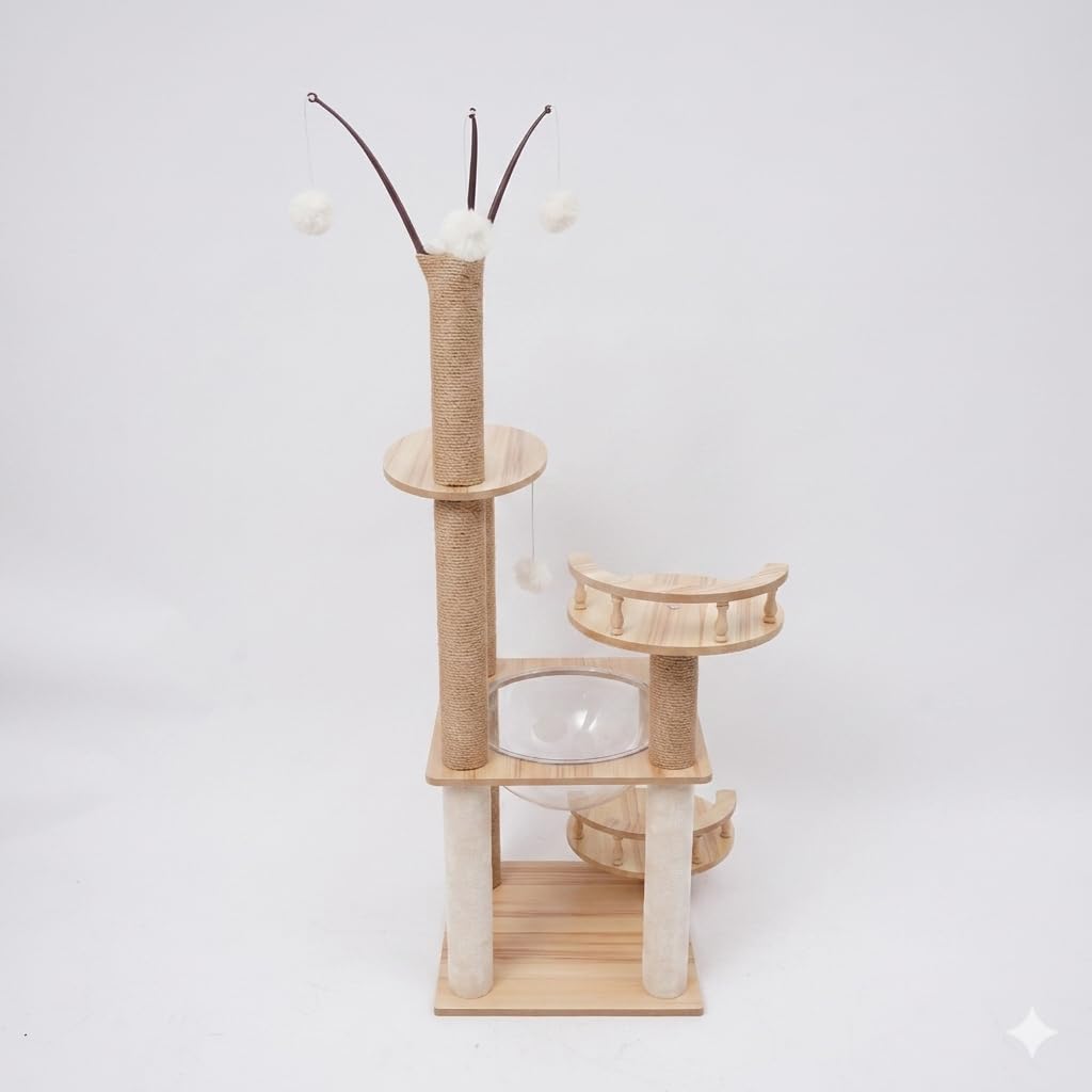 Tiragraffi per gatti da appartamento, alto 132 cm, moderno, con 1 cestino grande, 3 piattaforme di salto e 4 palline di peluche, casetta per gatti di lusso con tiragraffi, salvaspazio e stabile
