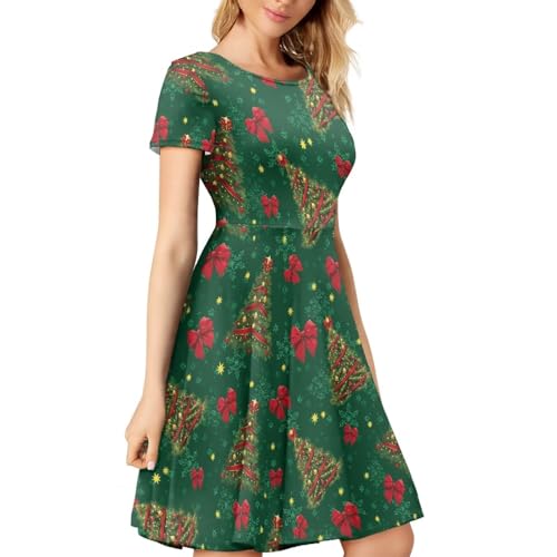 Image of POLERO Women Puffy Swing Elegant Party Midi Dresses Short Sleeve Round Neck A-Line Dress