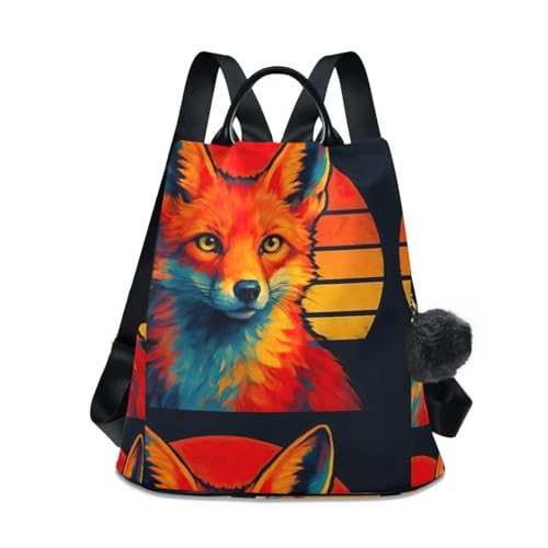 Sac à dos femme motif renard et coucher de soleil en tissu sergé à poches