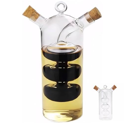 Botella de aceite y vinagre de vidrio transparente con doble compartimento y corcho 5