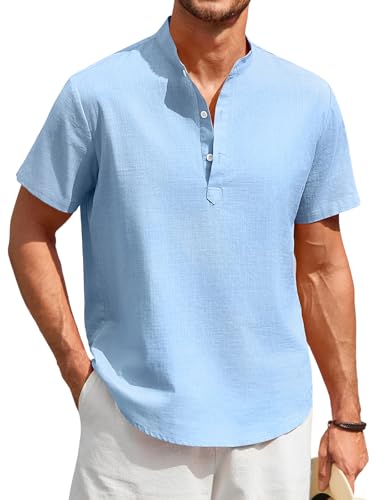 Enlision Camisa de Lino Hombre Manga Corta Cuello Mao Camisas Casual para Hombres Azul Claro Verano Ropa Ibicenca Hombre Camisetas con Botónes Tops XL