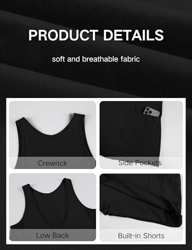 Athlisan Womens Athletic Mini Dress Built in Shorts Sleeveless Tennis Workout Summer Crewneck Mini Romper Dress with Pockets(Black-S)