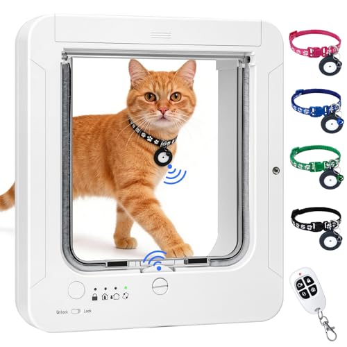 Smart Cat Door with 4 Collar Sensor Key RFID Cat Door Collar Activated with Remote Control 4 Way Locking Cat Flap Automatic Pet Door Interior & Exterior(White)