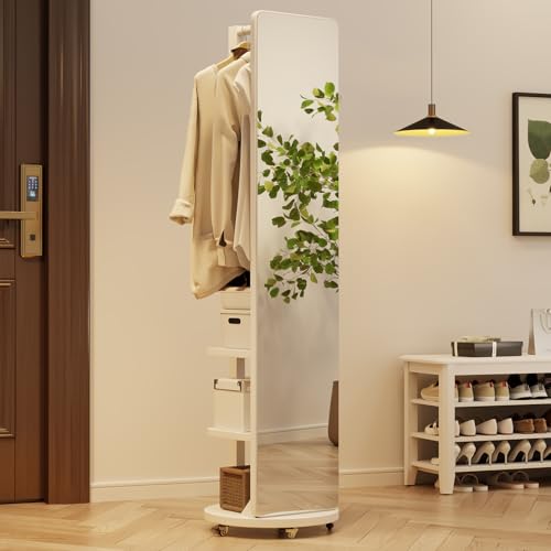 Image of WoodsWhisper Full Length Mirror Coat Rack Solid Wood Floor Mirror 66 inchx12 inch Full Length Mirror with Stand Long Mirrors for Bedroom,Living Room (White-Mobile, 66 inch Lx12 W)
