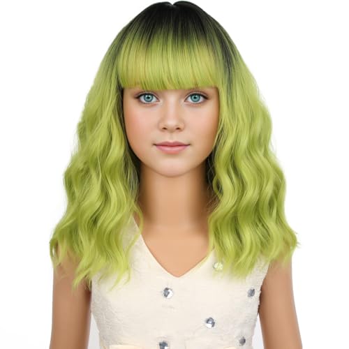 Image of PATTNIUM Girls Ombre Green Wig Short Curly Wavy Wig for Kids Green Bob Wigs with Bangs Curly Wavy Synthetic Wigs