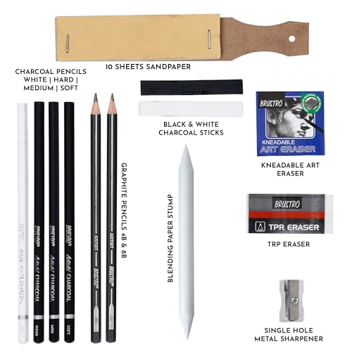 Image of BRUSTRO Black White Charcoal Drawing Set of 13 Pcs in a Metal Box| Ideal For Sketching, Shading, Blending, Illustration, Portraits, Landscape and Fine Arts