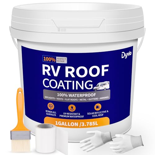 Liquid Rubber Waterproof Solar Reflective RV Roof Coating - White RV Roof Sealant with Wooden Brush, Work Gloves & Repair Tape for Campers, Trailers, Motorhomes, Metal Buildings - 1 Gallon