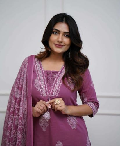 Image of DR DIGITAL Women's Cotton Printed Straight Kurti with pant and Dupatta Set