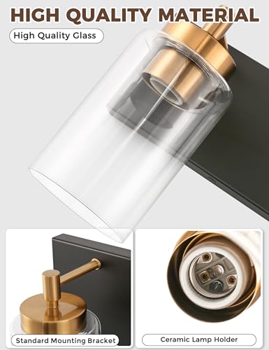 Image of DORESshop 3-Light Black and Gold Bathroom Light Fixtures with Straight Glass Shades, Bathroom Lighting Fixtures Over Mirrors, Modern Wall Sconce Lighting Vanity Light for Bathroom Living Room