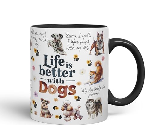 Vixar Life is Better with Dogs Joke Pets Ceramic Coloured Mug Cup for Tea Coffee Hot Brew 330ml 11Oz Gift (Black)