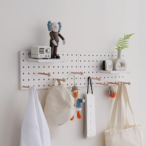 Image of Wooden Pegboard Accessories Set: Modular Wall Hooks & Shelf for Garage, Office & Home Organization(White Colored Finish-B)