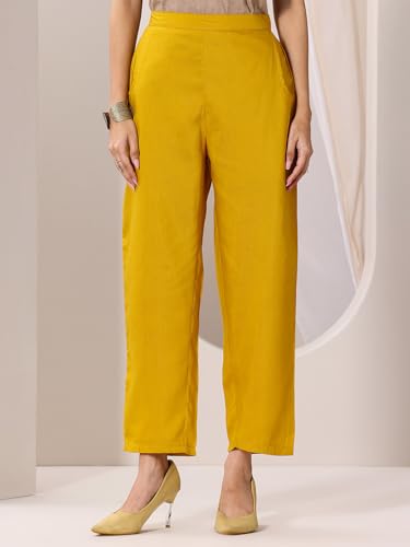 Image of Libas Gerua Womens Embellished Silk Blend Straight Kurta With Trousers and Dupatta