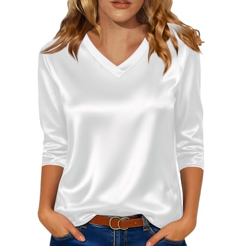 Satin Shirt Women UK 3/4 Sleeve Party Tops for Women V Neck Elegant Silk Blouses UK Casual Tee White M 38