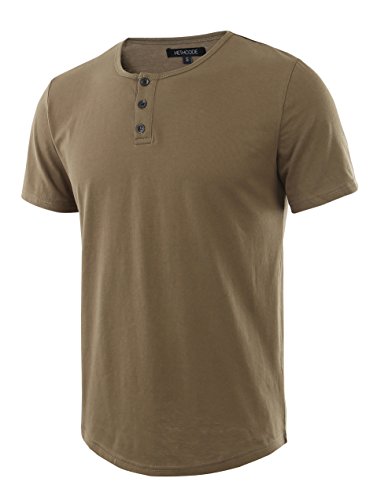 HETHCODE Men's Classic Comfort Soft Regular Fit Short Sleeve Henley T-Shirt Tee Military M
