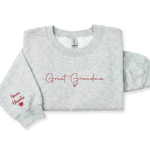 Custom Great Grandma Embroidered Sweatshirt with Kids Names Grandma Mothers Day Birthday Sport Gray