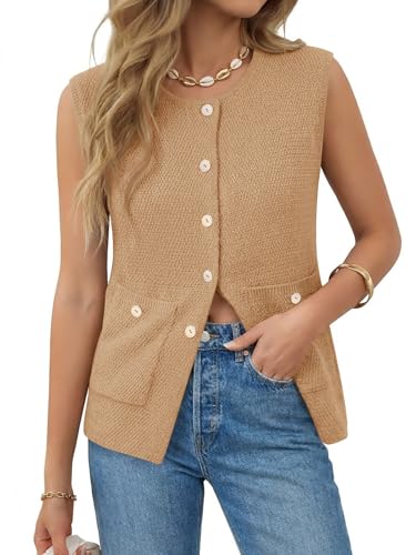Image of Yousify Womens Sweater Vest Sleeveless Button Down Round Neck Knitted Tank Tops Casual Cardigan with Pockets