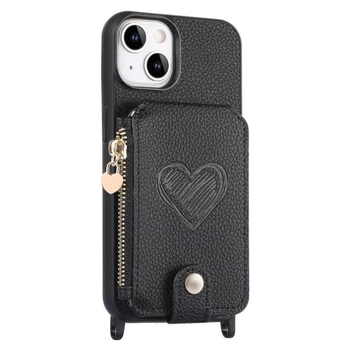 Housse iPhone 15 Pro Max portefeuille cuir noir avec lanière sac à main