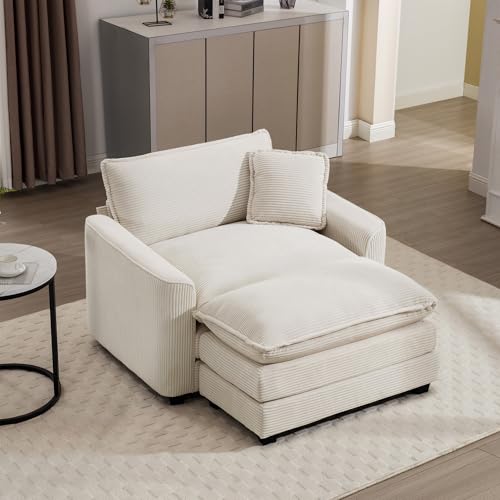 Beige Corduroy Sofa Chair with Ottoman Modern Accent Chair for