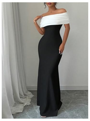 SOLY HUX Women's Off The Shoulder Color Block Bodycon Fishtail Long Maxi Dress Party Cocktail Outfits4