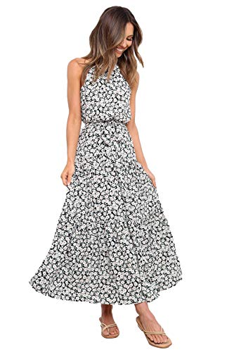 ALILING Summer Maxi Dresses,Women's Halter Neck Boho Floral Print Sleeveless Summer Casual Maxi Dresses with Belt Black+White Flower M