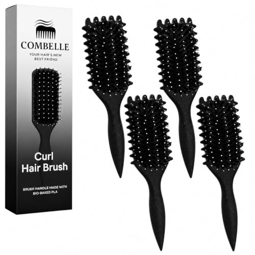Image of Combelle 5-in-1 Curl Hair Brush, Vegan Boar Bristles, Bio-Baked PLA Handle, Detangling and Frizz Control for Curly Hair - Black (Pack of 4)
