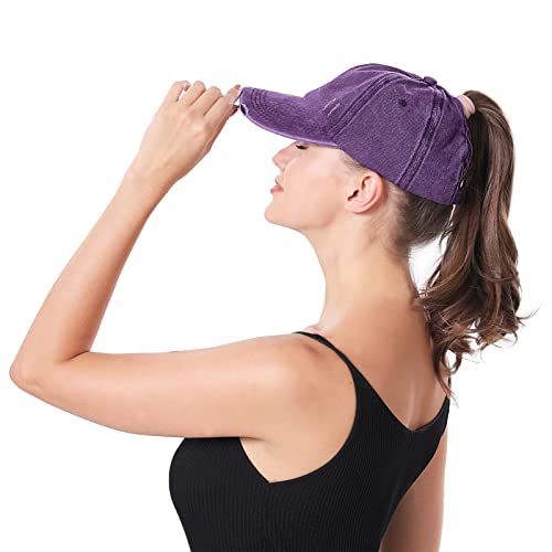 Criss Cross Ponytail Hat Washed Distressed Baseball Cap Adjustable High Messy Bun Ponycap For Women Purple #TOP4