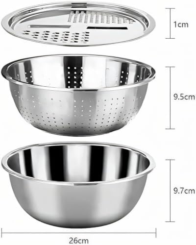 Image of Stainless Steel Colander with Mixing Bowl Set - Heavy Duty Microporous Strainer Basket for Washing Rice, Fruits & Vegetables (3 in 1 Strainer Drainer Cutter)