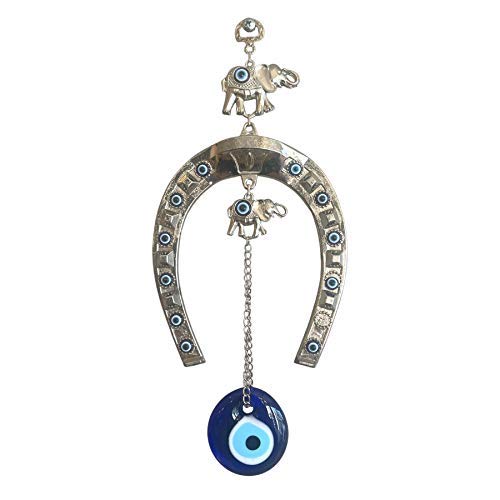 Demiwares Evil Eye Protection Charm, Lucky Horseshoe Talismans with Elephant Decor, Metal Wall Hanging Home Decoration for Good Luck and Blessings, Handmade Turkish Ornament